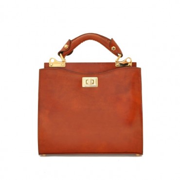 Small, elegant leather handbag on a handle. "Anna Maria Luisa de' Medici"