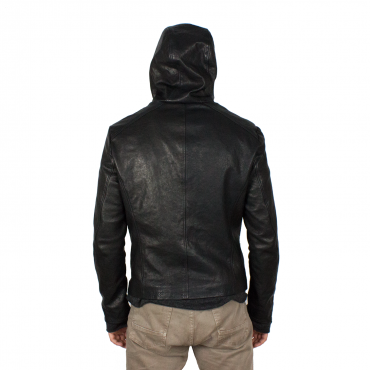 Man leather jacket with hood. "Damiano"