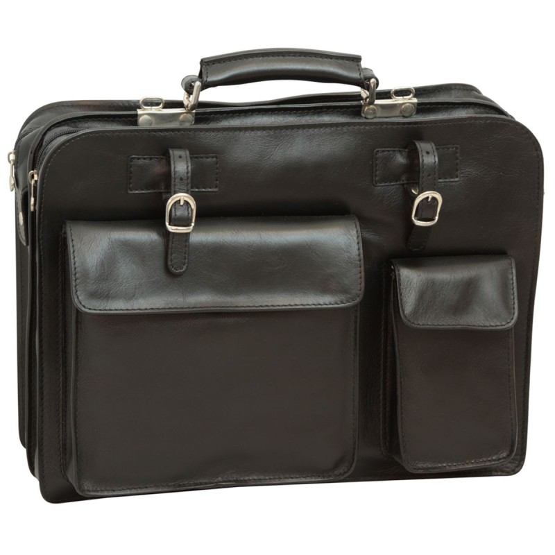 Briefcase with umbrella-holder straps in full-grain calfskin "Olsztyn" BLACK