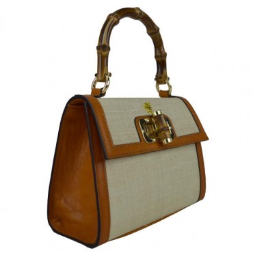 Rigid woman handbag with a subtle pattern in leather and natural straw "Castalia" SUM298/26