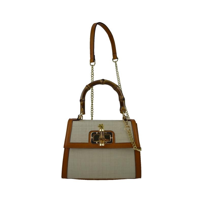 Rigid woman handbag with a subtle pattern in leather and natural straw "Castalia" SUM298/26
