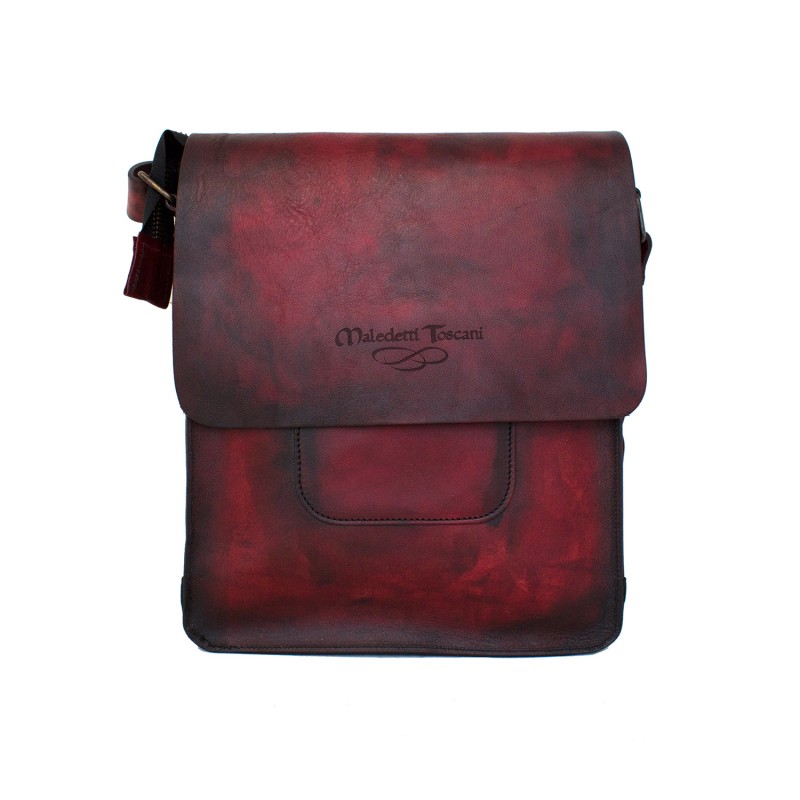 Shoulder strap in vegetable tanned and hand dyed leather. Red + black