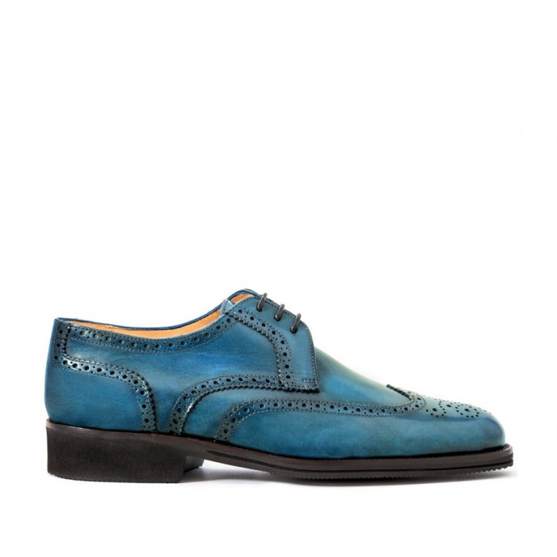 Leather men's lace-up shoe, full brogue derby model light blue