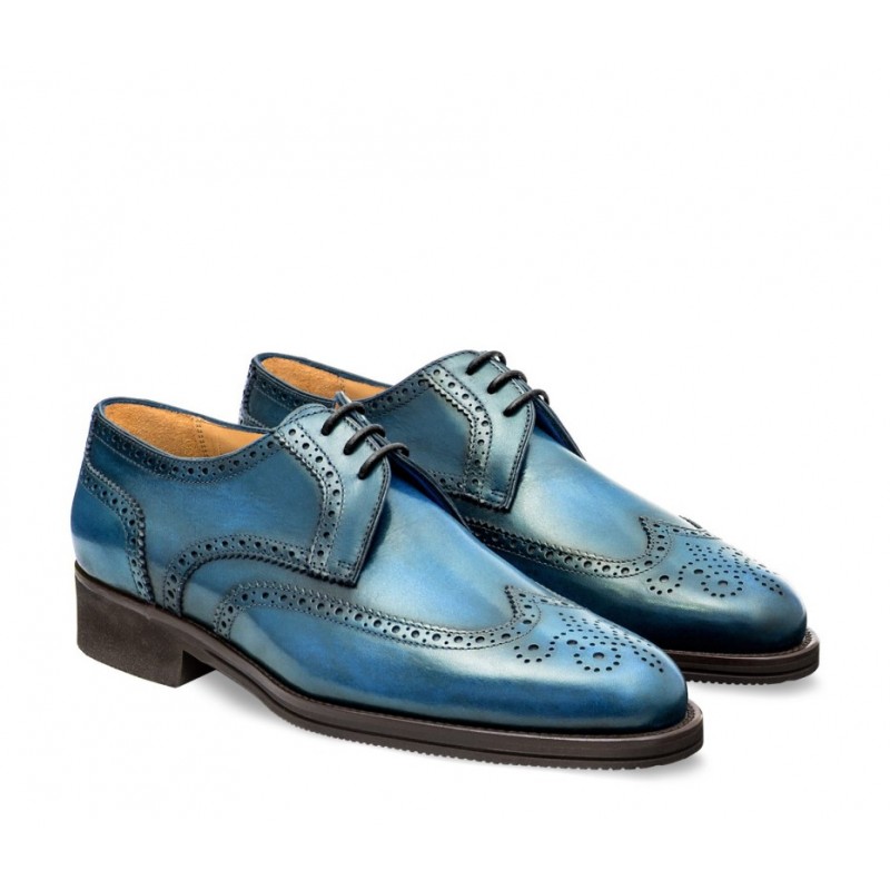 Leather men's lace-up shoe, full brogue derby model light blue