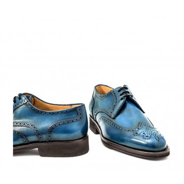Skórzane męskie buty sznurowane, model derby full brogue niebieski