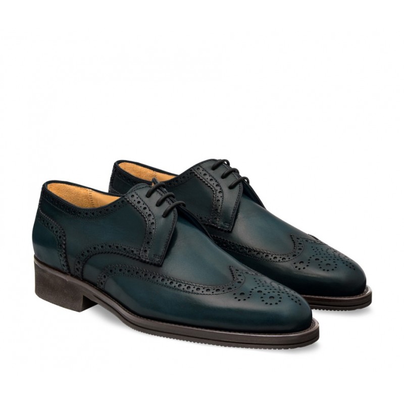 Leather men's lace-up shoe, full brogue derby model dark blue