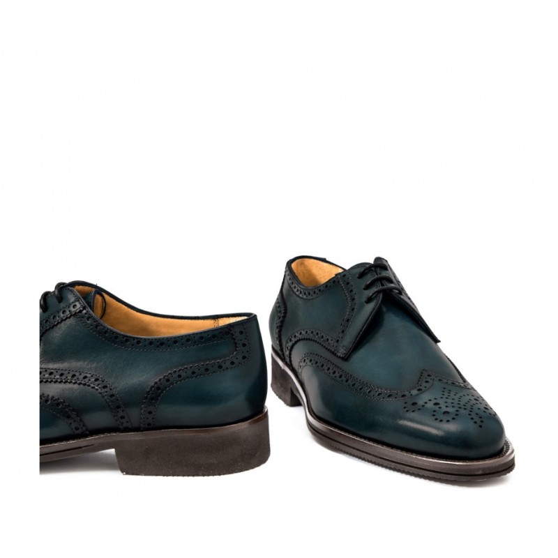 Leather men's lace-up shoe, full brogue derby model dark blue