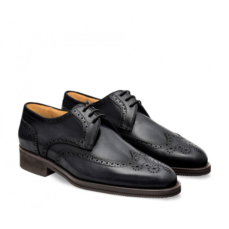 Leather men's lace-up shoe, full brogue derby model dark gray