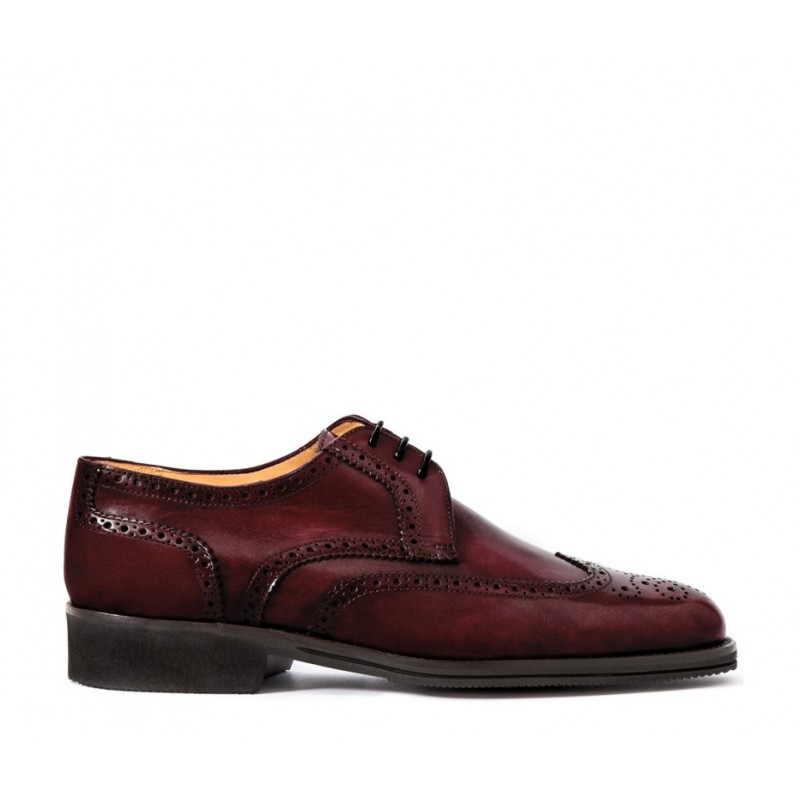 Leather men's lace-up shoe, full brogue derby model bordeaux
