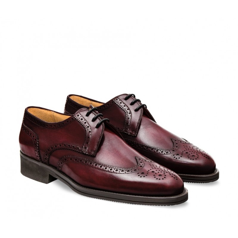 Leather men's lace-up shoe, full brogue derby model bordeaux