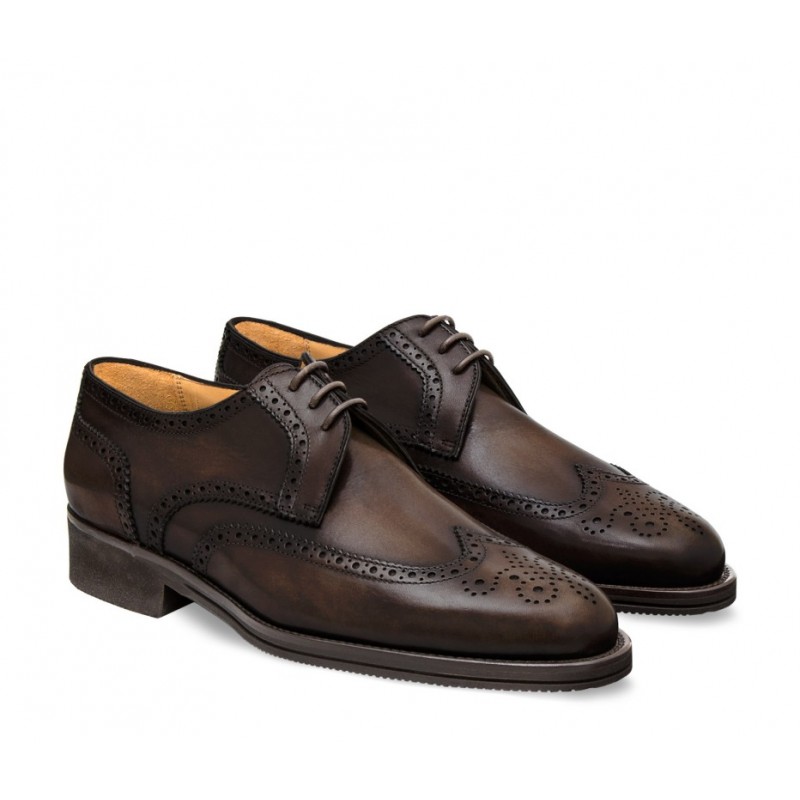 Leather men's lace-up shoe, full brogue derby model coffee