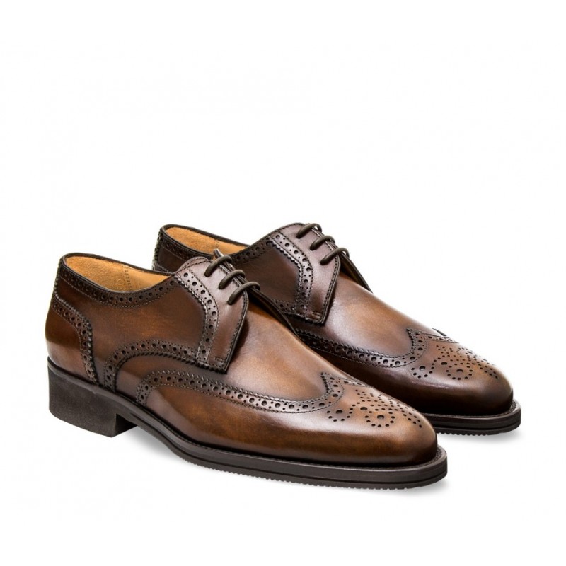 Leather men's lace-up shoe, full brogue derby model dark brown