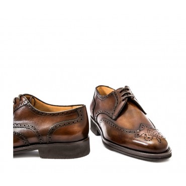 Skórzane męskie buty sznurowane, model derby full brogue brązowy ciemny