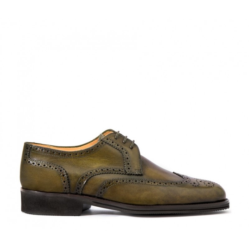 Leather men's lace-up shoe, full brogue derby model olive