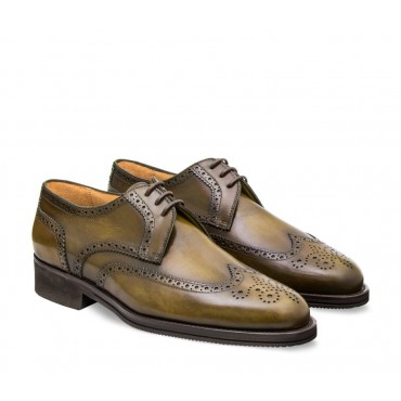 Skórzane męskie buty sznurowane, model derby full brogue oliwkowy