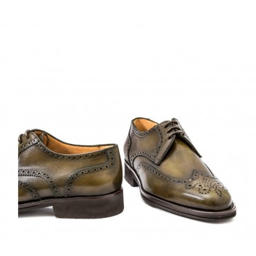 Leather men's lace-up shoe, full brogue derby model olive
