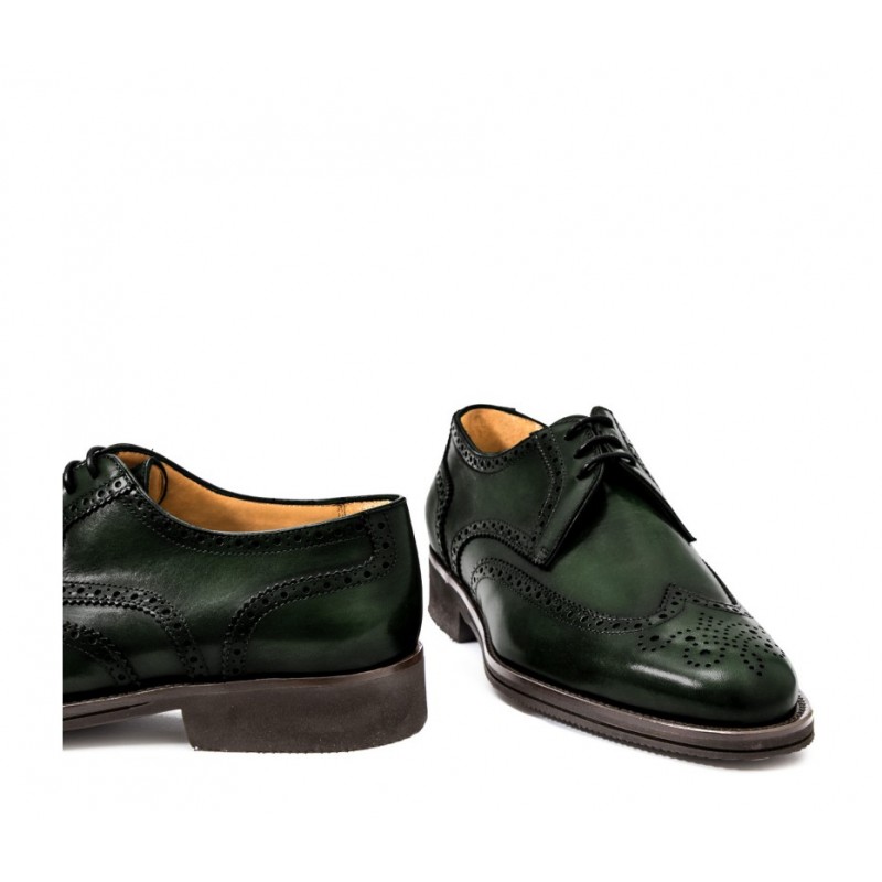 Skórzane męskie buty sznurowane, model derby full brogue zielone ciemny
