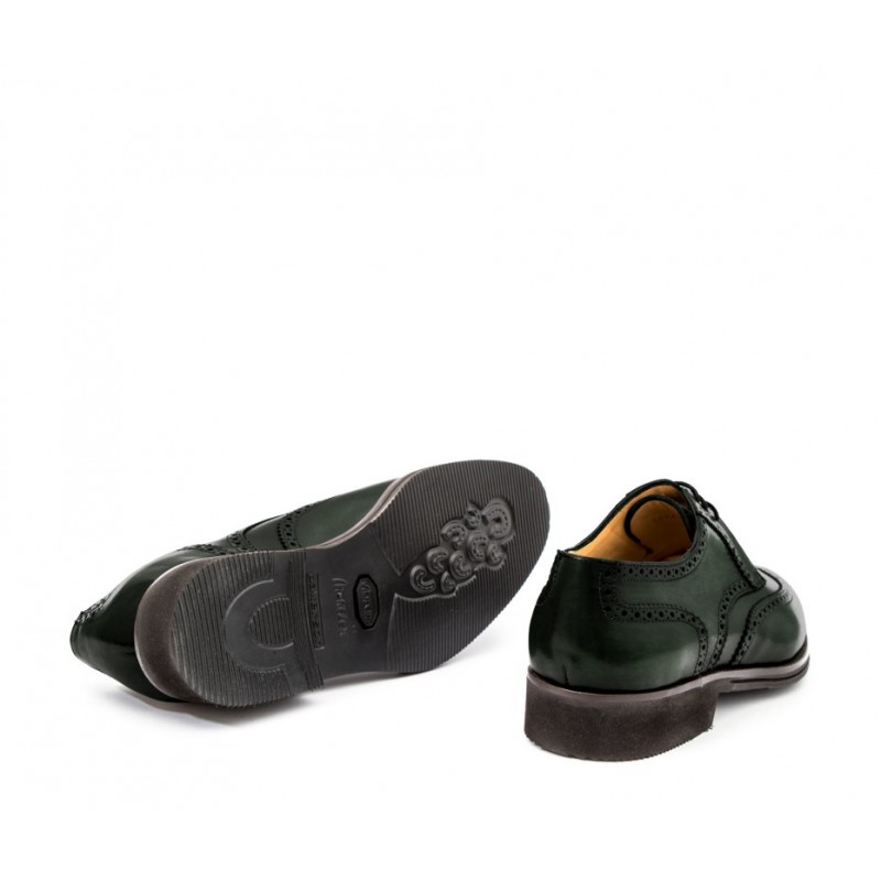 Leather men's lace-up shoe, full brogue derby model dark green