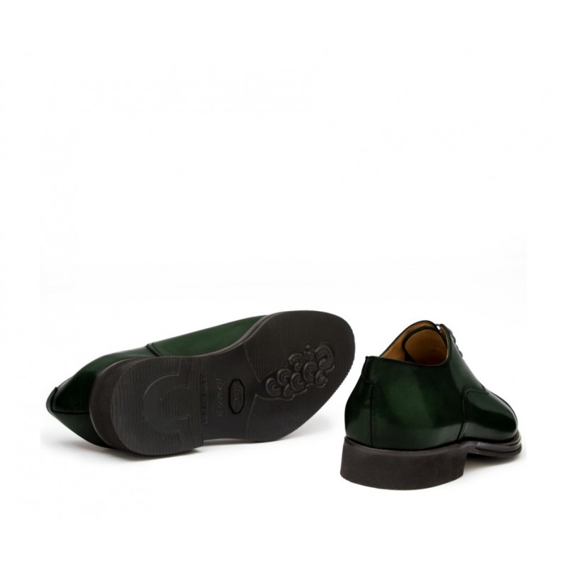 Sznurowane buty męskie ze skóry cielęcej postarzanej model Oxford zielone ciemny