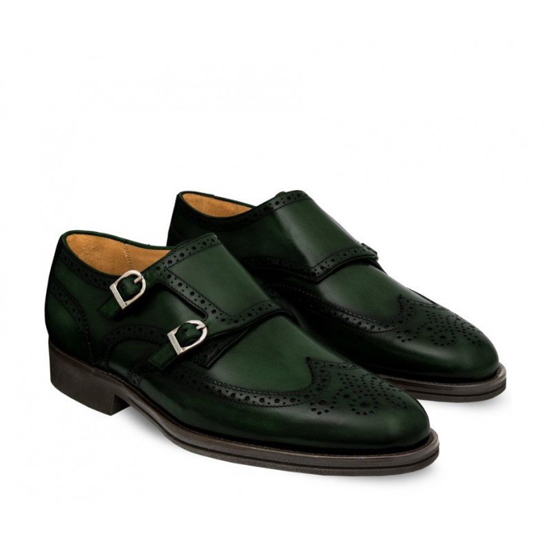 Leather Men's shoe with double monk full brogue dovetail toe. dark green