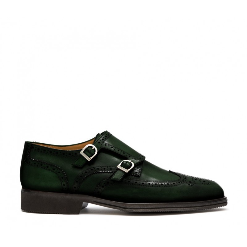 Leather Men's shoe with double monk full brogue dovetail toe. dark green