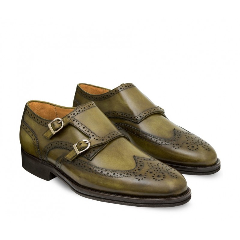 Skórzane męskie buty ze sprzączką, czubek w kształcie jaskółczego ogona full brogue oliwkowy