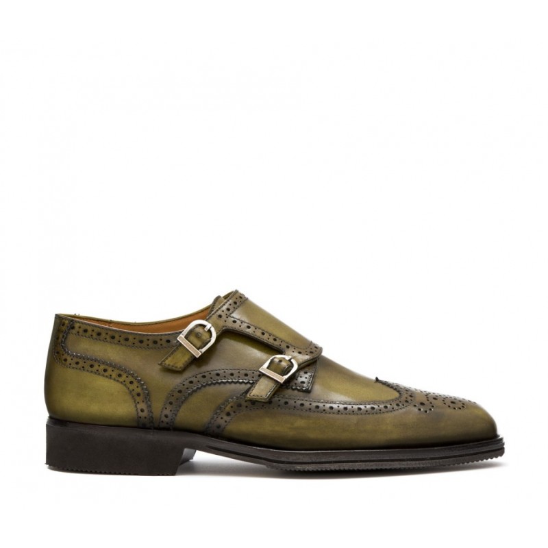 Leather Men's shoe with double monk full brogue dovetail toe olive