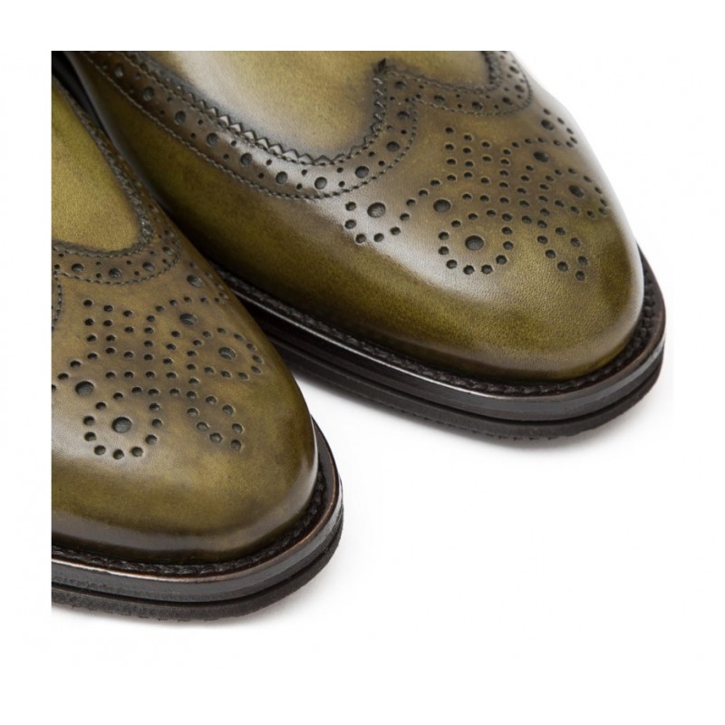 Skórzane męskie buty ze sprzączką, czubek w kształcie jaskółczego ogona full brogue oliwkowy