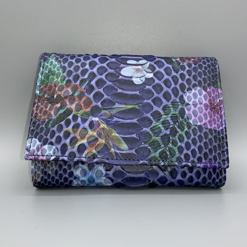 Woman wallet in real Python leather with floral pattern and buttom closure