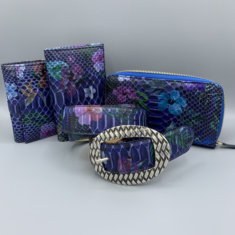 Woman belt and wallet set in real Python leather with floral pattern