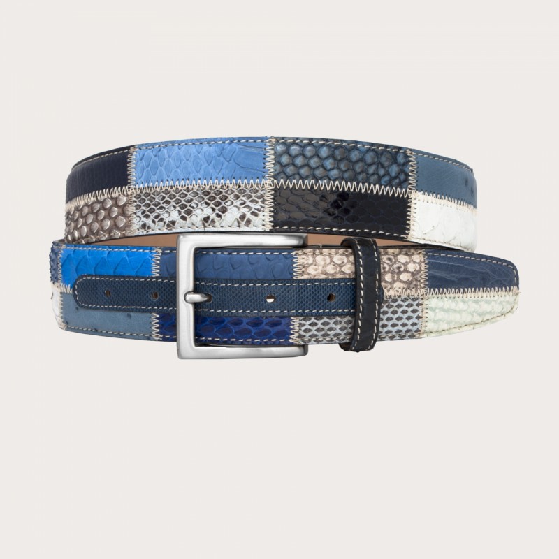 Belt in genuine python leather and genuine leather. BLU