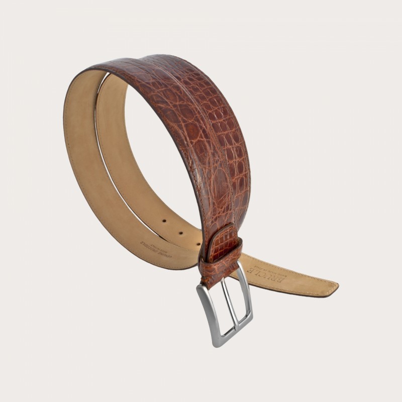 Original men's belt made of brown crocodile leather