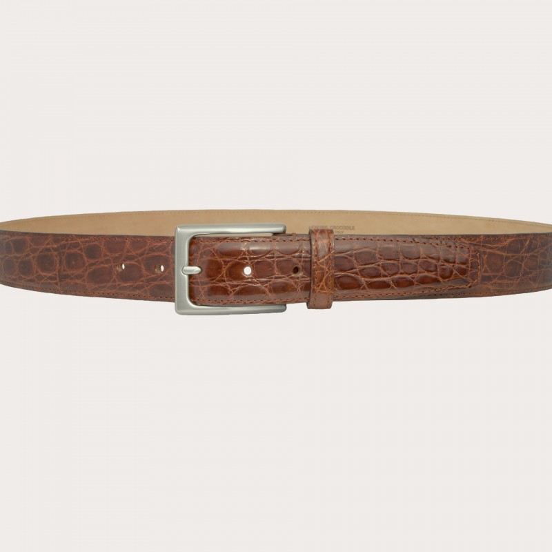 Original men's belt made of brown crocodile leather