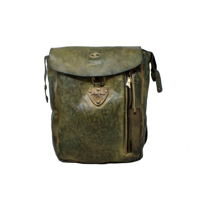 Leather medium backpack with side zipper. Green