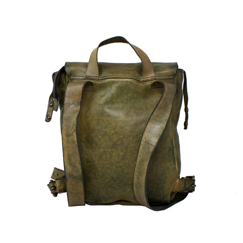 Leather medium backpack with side zipper. Green