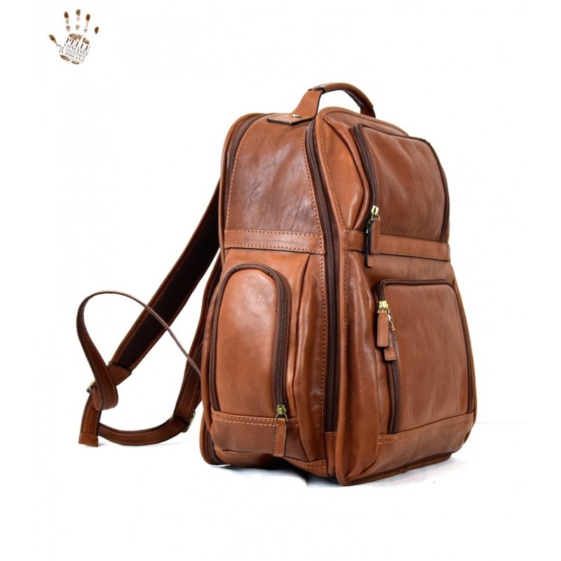 A very large and well equipped travel leather backpack, useful for the most demanding traveler.